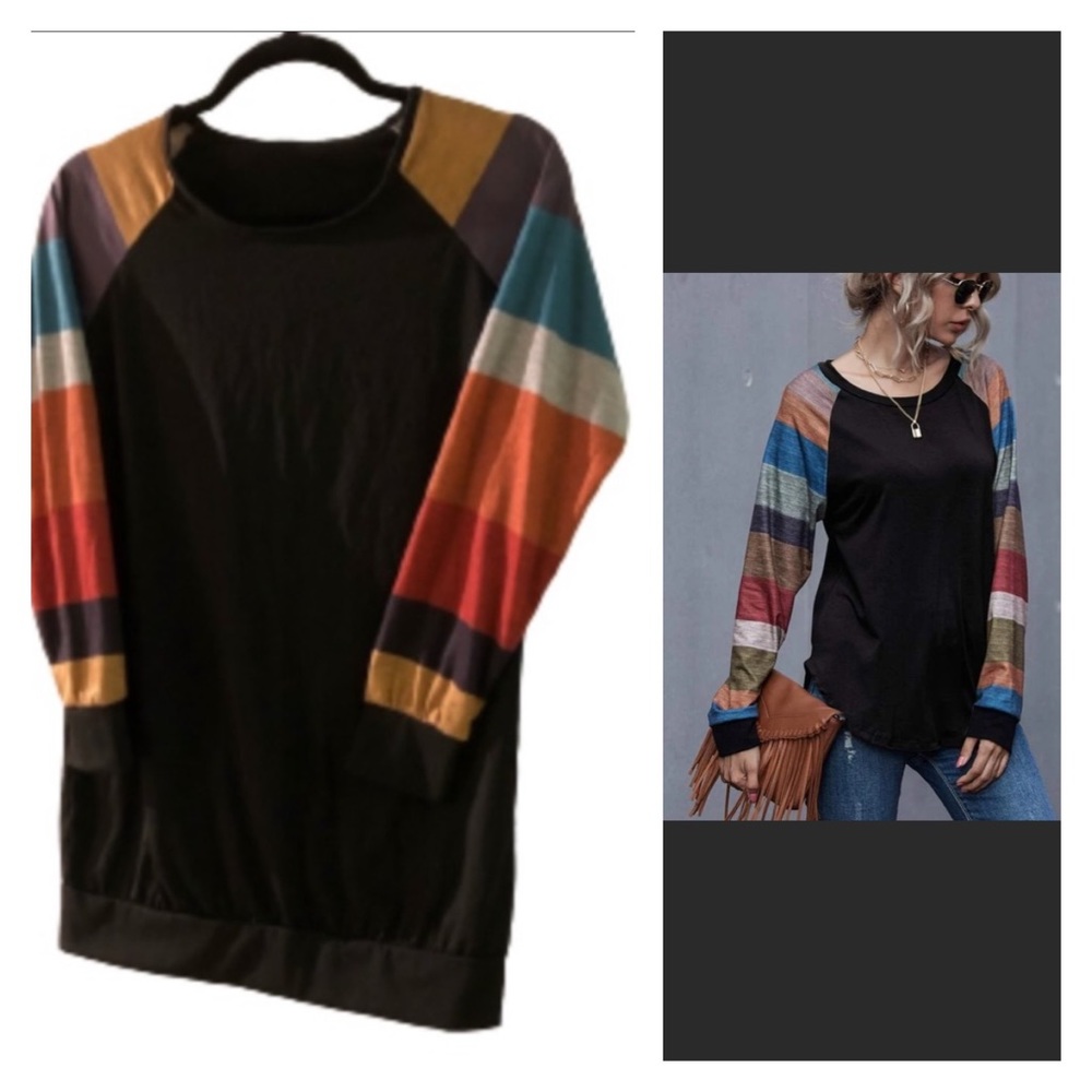 Black Stretchy T-shirt Top w/ Striped 3/4 Sleeves!!! Size S